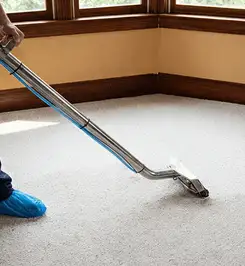 Steam carpet cleaning technician using a hot-water extraction wand on a residential carpet, wearing blue protective shoe covers Pueblo, CO.